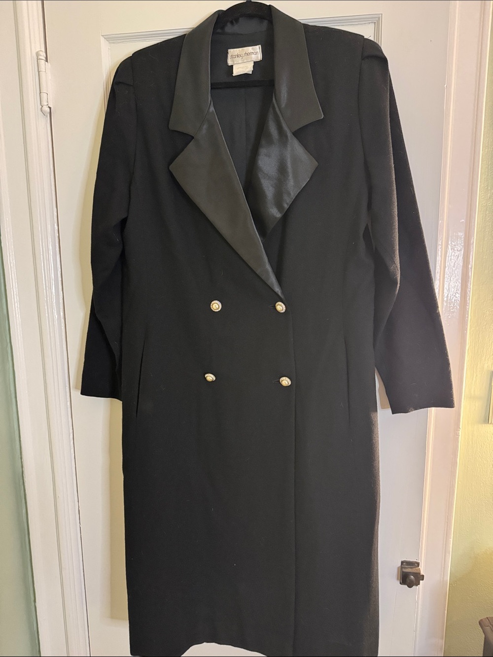 Vintage wool Double-Breasted Dress with Satin Lapel & rhinestone buttons